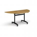 Semi circular deluxe fliptop meeting table with black frame 1600mm x 800mm - oak