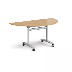 Semi circular deluxe flip top meeting table with silver frame 1600mm x