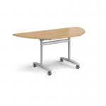 Semi circular deluxe fliptop meeting table with silver frame 1600mm x 800mm - oak