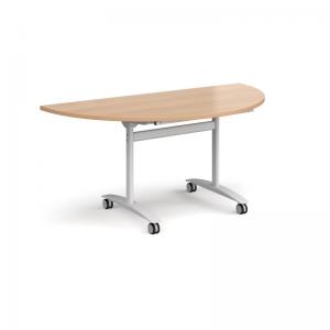 Semi circular deluxe flip top meeting table with white frame 1600mm x