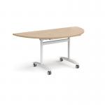 Semi circular deluxe flip top meeting table with white frame 1600mm x 800mm - Kendal oak DFLPS-WH-KO