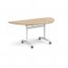 Semi circular deluxe flip top meeting table with white frame 1600mm x 800mm - Kendal oak DFLPS-WH-KO
