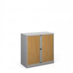 Bisley systems storage low tambour cupboard 1000mm high - silver with beech doors DST40SB