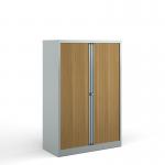 Bisley systems storage medium tambour cupboard 1570mm high - silver with beech doors DST65SB