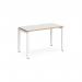 The picture shows a single desk with a white frame and top, accented with oak edging. The desk measures 1200mm x 600mm and has an adaptable bench desking design.