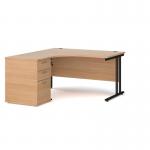 Maestro 25 left hand ergonomic desk 1400mm with black cantilever frame and desk high pedestal - beech EBK14LB