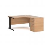 Maestro 25 right hand ergonomic desk 1400mm with black cantilever frame and desk high pedestal - beech EBK14RB