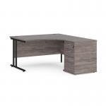 Maestro 25 right hand ergonomic desk 1400mm with black cantilever frame and desk high pedestal - grey oak EBK14RGO