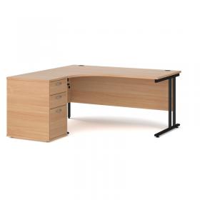 Maestro 25 left hand ergonomic desk 1600mm with black cantilever frame and desk high pedestal - beech EBK16LB