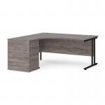 Maestro 25 left hand ergonomic desk 1600mm with black cantilever frame and desk high pedestal - grey oak EBK16LGO