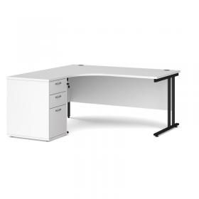 Maestro 25 left hand ergonomic desk 1600mm with black cantilever frame and desk high pedestal - white EBK16LWH