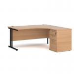 Maestro 25 right hand ergonomic desk 1600mm with black cantilever frame and desk high pedestal - beech EBK16RB