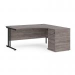 Maestro 25 right hand ergonomic desk 1600mm with black cantilever frame and desk high pedestal - grey oak EBK16RGO