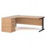 Maestro 25 left hand ergonomic desk 1800mm with black cantilever frame and desk high pedestal - beech EBK18LB