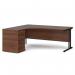 The photo captures the sleek and ergonomic design of the Maestro 25 left hand desk, featuring a black cantilever frame and walnut desk high pedestal. With ample space and a stylish finish, this 1800mm desk is a functional yet modern addition to any office space.