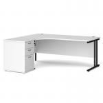 Maestro 25 left hand ergonomic desk 1800mm with black cantilever frame and desk high pedestal - white EBK18LWH