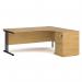 This image features a sleek, ergonomic right hand desk with a black cantilever frame and desk high pedestal. The desk is 1800mm long and made of oak, adding a touch of sophistication to any workspace.