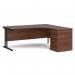 A sleek, modern desk with a black cantilever frame and matching pedestal. The desk top is a rich, walnut color, providing both style and functionality. Perfect for any office space, this ergonomic desk is sure to impress.