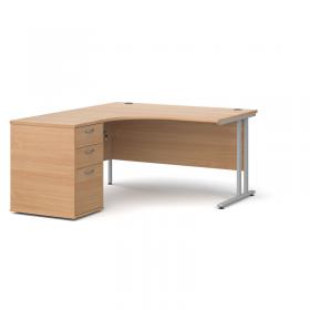 Maestro 25 left hand ergonomic desk 1400mm with silver cantilever frame and desk high pedestal - beech EBS14LB