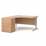 Maestro 25 left hand ergonomic desk 1400mm with silver cantilever frame and desk high pedestal - beech