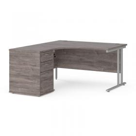 Maestro 25 left hand ergonomic desk 1400mm with silver cantilever frame and desk high pedestal - grey oak EBS14LGO