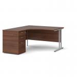 Maestro 25 left hand ergonomic desk 1400mm with silver cantilever frame and desk high pedestal - walnut