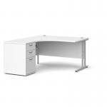 Maestro 25 left hand ergonomic desk 1400mm with silver cantilever frame and desk high pedestal - white