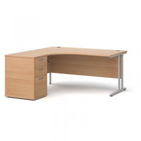 Maestro 25 left hand ergonomic desk 1600mm with silver cantilever frame and desk high pedestal - beech EBS16LB