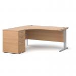 Maestro 25 left hand ergonomic desk 1600mm with silver cantilever frame and desk high pedestal - beech EBS16LB