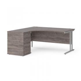 Maestro 25 left hand ergonomic desk 1600mm with silver cantilever frame and desk high pedestal - grey oak EBS16LGO