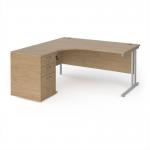 Maestro 25 left hand ergonomic desk 1600mm with silver cantilever frame and desk high pedestal - Kendal Oak EBS16LKO