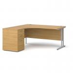 Maestro 25 left hand ergonomic desk 1600mm with silver cantilever frame and desk high pedestal - oak