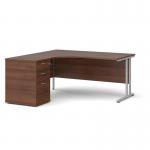 Maestro 25 left hand ergonomic desk 1600mm with silver cantilever frame and desk high pedestal - walnut EBS16LW