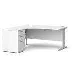 Maestro 25 left hand ergonomic desk 1600mm with silver cantilever frame and desk high pedestal - white
