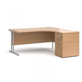 Maestro 25 right hand ergonomic desk 1600mm with silver cantilever frame and desk high pedestal - beech EBS16RB
