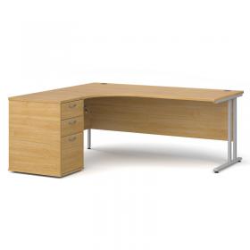 Maestro 25 left hand ergonomic desk 1800mm with silver cantilever frame and desk high pedestal - oak EBS18LO