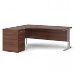Maestro 25 left hand ergonomic desk 1800mm with silver cantilever frame and desk high pedestal - walnut