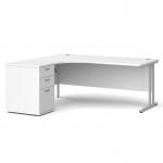Maestro 25 left hand ergonomic desk 1800mm with silver cantilever frame and desk high pedestal - white