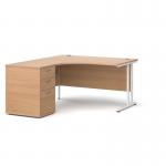 Maestro 25 left hand ergonomic desk 1400mm with white cantilever frame and desk high pedestal - beech
