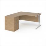 Maestro 25 left hand ergonomic desk 1400mm with white cantilever frame and desk high pedestal - Kendal Oak EBWH14LKO