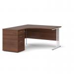 Maestro 25 left hand ergonomic desk 1400mm with white cantilever frame and desk high pedestal - walnut