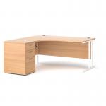 Maestro 25 left hand ergonomic desk 1600mm with white cantilever frame and desk high pedestal - beech
