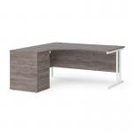 Maestro 25 left hand ergonomic desk 1600mm with white cantilever frame and desk high pedestal - grey oak