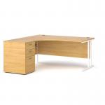 Maestro 25 left hand ergonomic desk 1600mm with white cantilever frame and desk high pedestal - oak