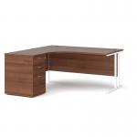 Maestro 25 left hand ergonomic desk 1600mm with white cantilever frame and desk high pedestal - walnut