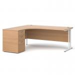 Maestro 25 left hand ergonomic desk 1800mm with white cantilever frame and desk high pedestal - beech EBWH18LB