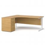 Maestro 25 left hand ergonomic desk 1800mm with white cantilever frame and desk high pedestal - oak