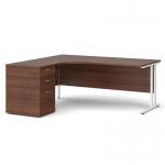 Maestro 25 left hand ergonomic desk 1800mm with white cantilever frame and desk high pedestal - walnut