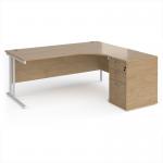 Maestro 25 right hand ergonomic desk 1800mm with white cantilever frame and desk high pedestal - Kendal Oak EBWH18RKO