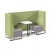 Encore² open high back 2 person meeting booth with table and black sled frame - forecast grey seats with endurance green backs and infill panel